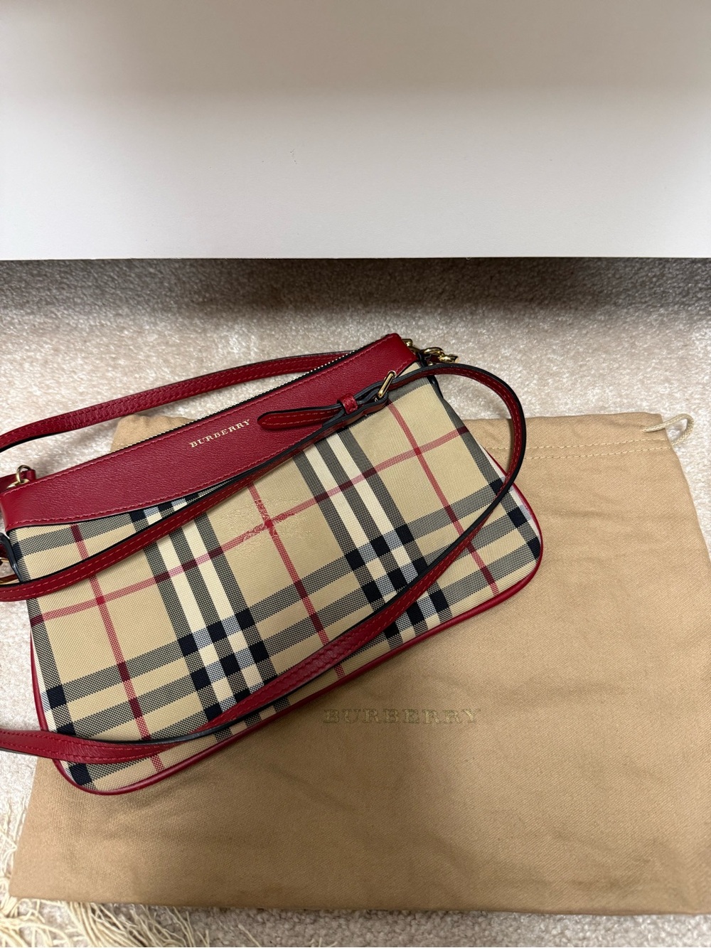 Burberry Beige Check Crossbody with Red Trim - Picture 9 of 16